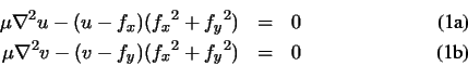 \begin{eqnarraya}\mu\nabla^2u - (u-f_x)({f_x}^2 + {f_y}^2) & = & 0
\\
\mu\nabla^2v - (v-f_y)({f_x}^2 + {f_y}^2) & = & 0
\labelall{eq:GVF-euler}
\end{eqnarraya}