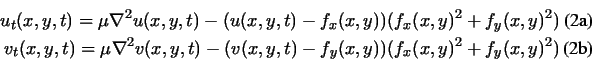 \begin{eqnarraya}u_t(x,y,t) = \mu\nabla^2u(x,y,t) - (u(x,y,t)-f_x(x,y))({f_x}(x,...
...t)-f_y(x,y))({f_x}(x,y)^2
+ {f_y}(x,y)^2)
\labelall{eq:GVF-pde}
\end{eqnarraya}