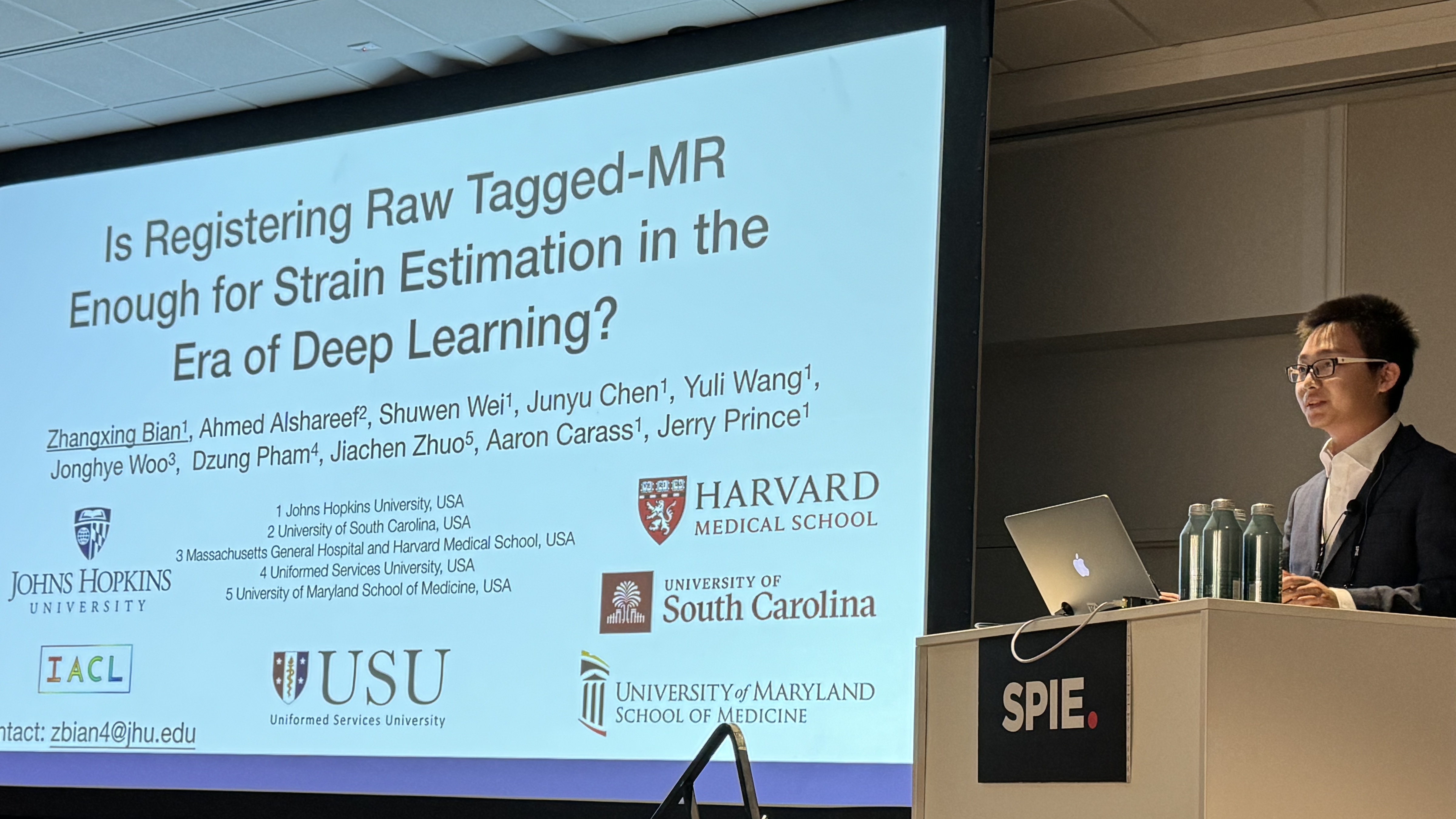 Zhangxing Bian presenting his award winning paper "Is Registering Raw Tagged-MR Enough for Strain Estimation in the Era of Deep Learning?" at the Proceedings of SPIE Medical Imaging (SPIE-MI 2024), San Diego, CA, February 18–22, 2024.